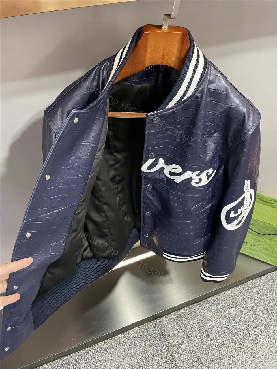 View 10 of Bold Navy Quilted Varsity Jacket with LV-Inspired Logo