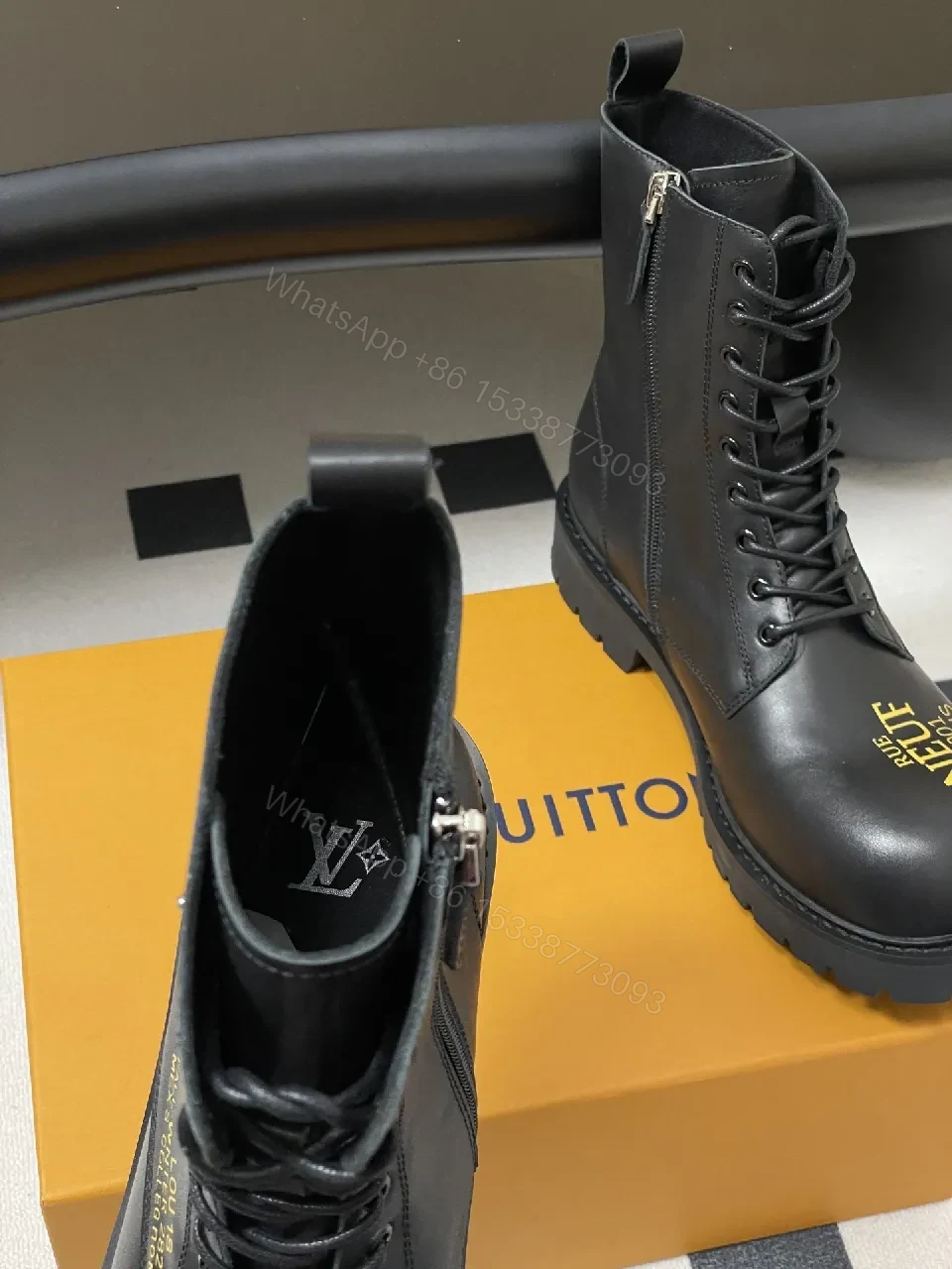 View 8 of Bold Black Combat Boots with Gold Detailing: All-Day Comfort