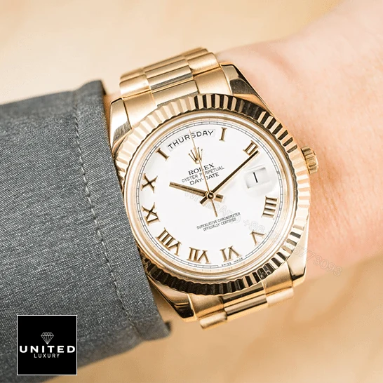 View 8 of Rolex Day-Date II Collection Gold Silver White Dial 218238 Replica