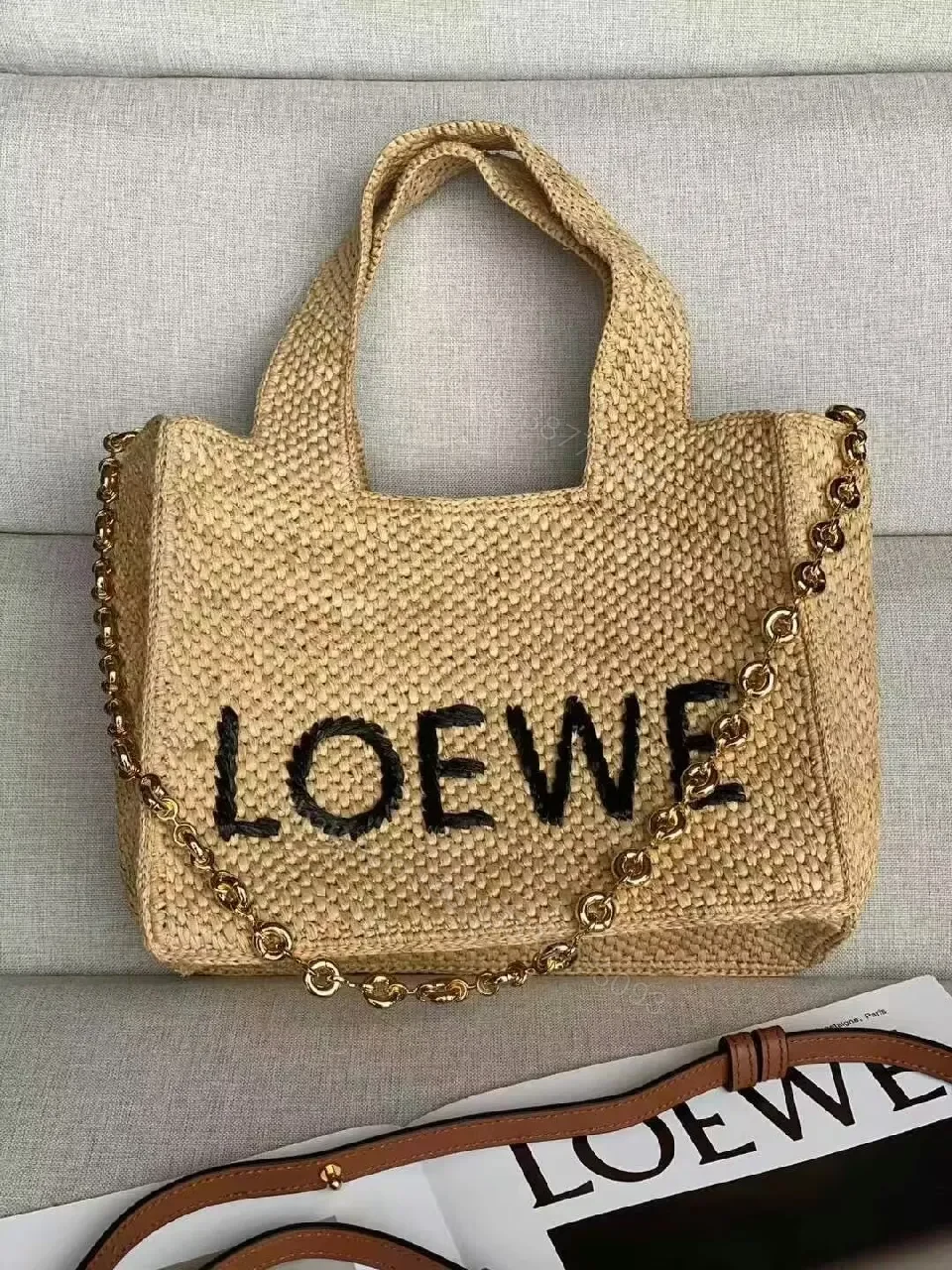 Natural Straw Tote with Bold LOEWE Lettering Signature Carryall — view 1