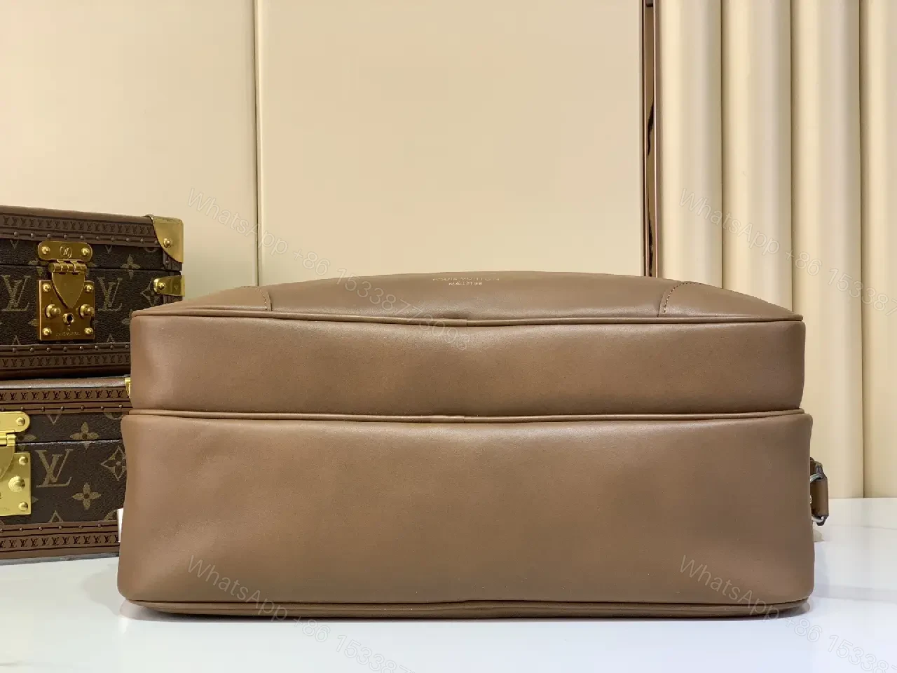 View 5 of Brown Leather Minimalist Messenger Bag with Subtle Stitching Details