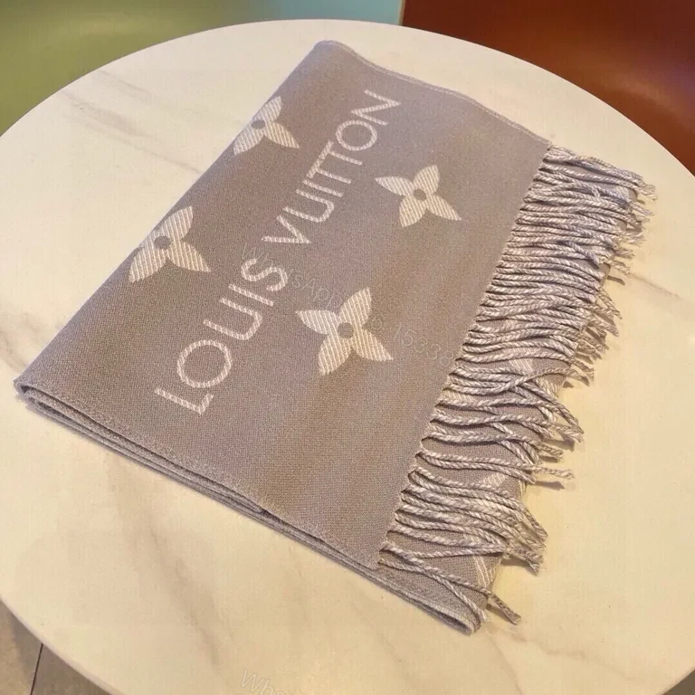 View 2 of Taupe Wool Luxury Scarf: Monogram Fringe Luxury Accessory