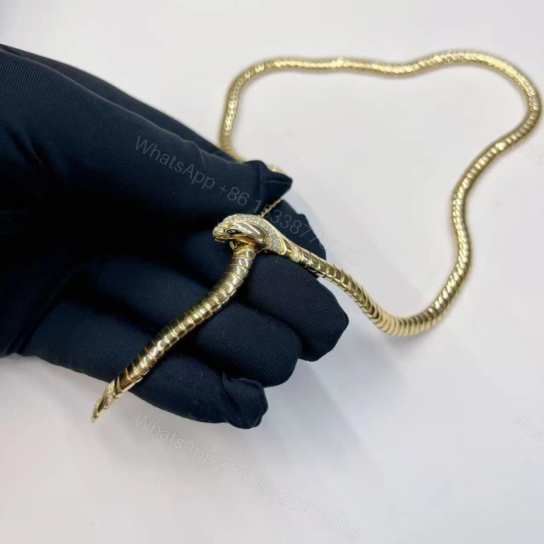 View 3 of 18kt Yellow Gold Bvlgari Tubogas Necklace with Head and Tail Diamonds Onyx 360632