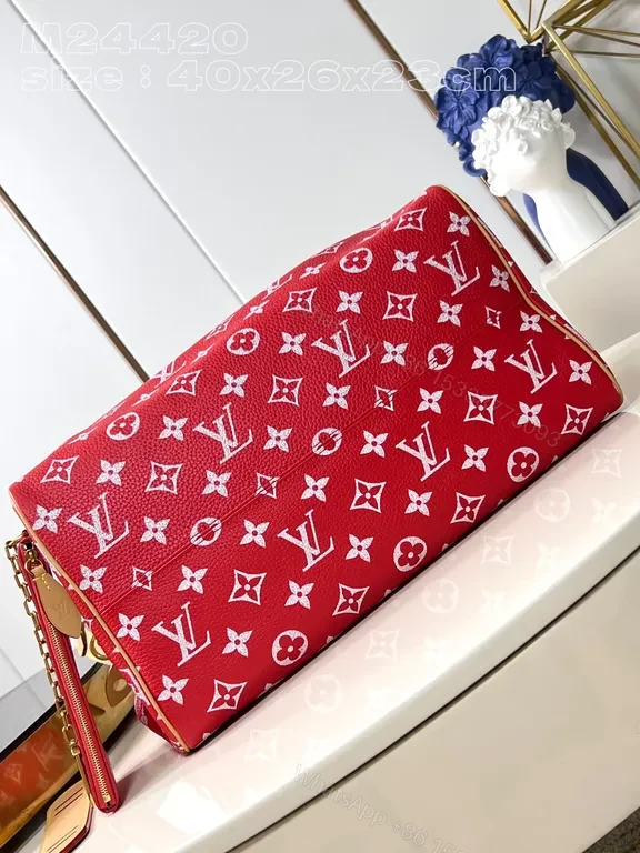 View 3 of Bold Red Satchel: LV-Inspired Monogram Pattern Carryall