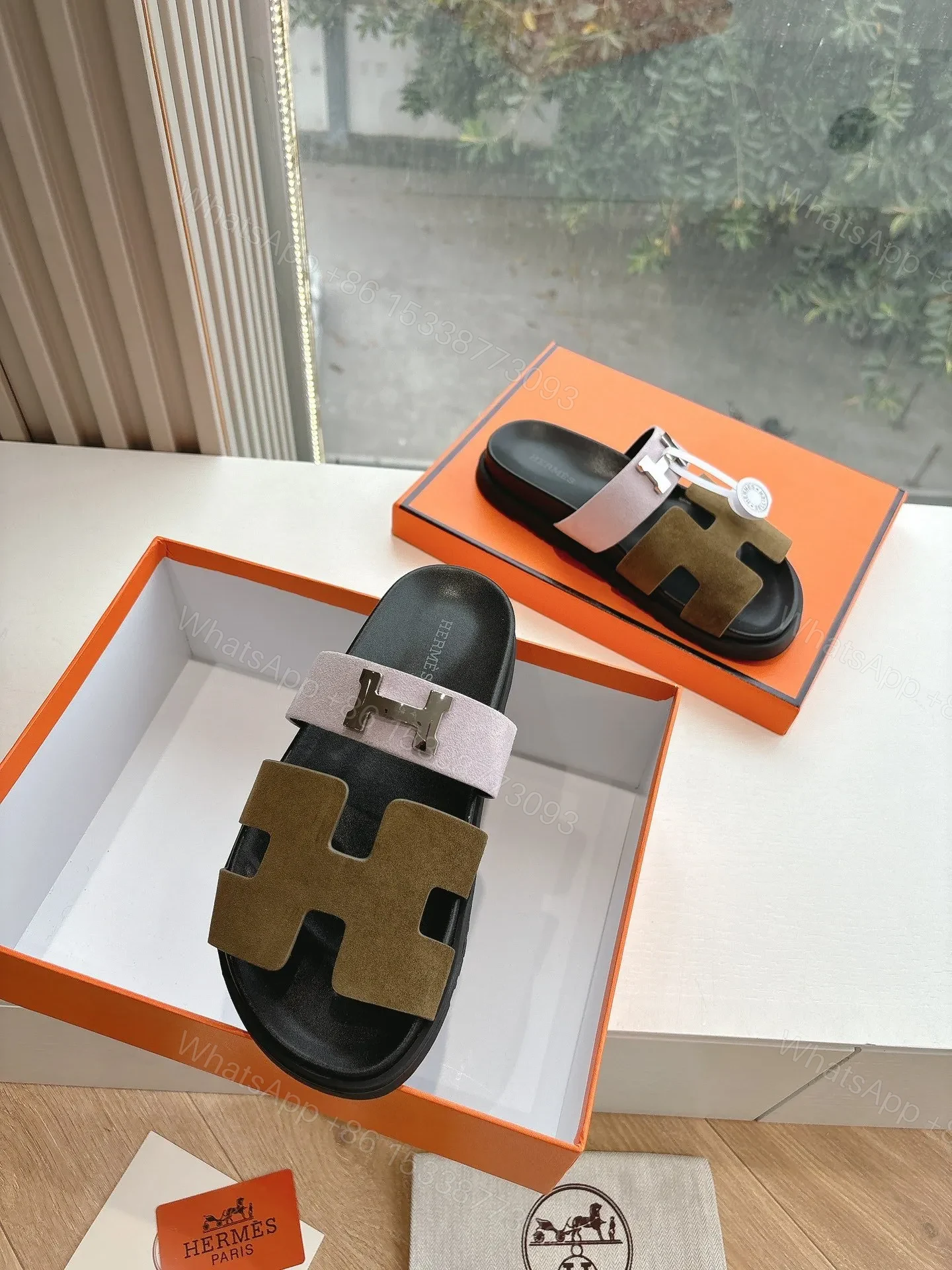 View 4 of Hermes Women Pink And Olive Suede Sandals