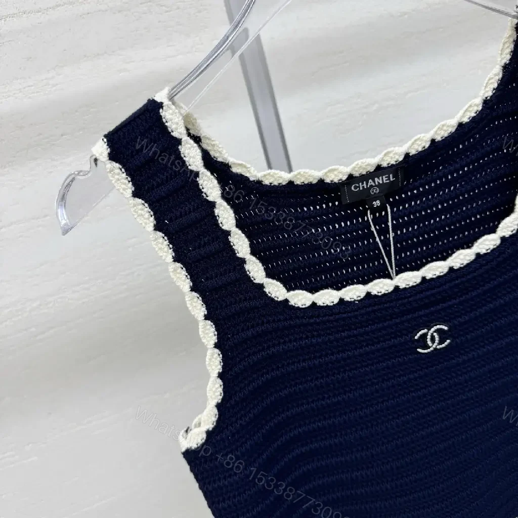 View 2 of Navy Knit Tank with Ivory Trim – Textured Luxury Top