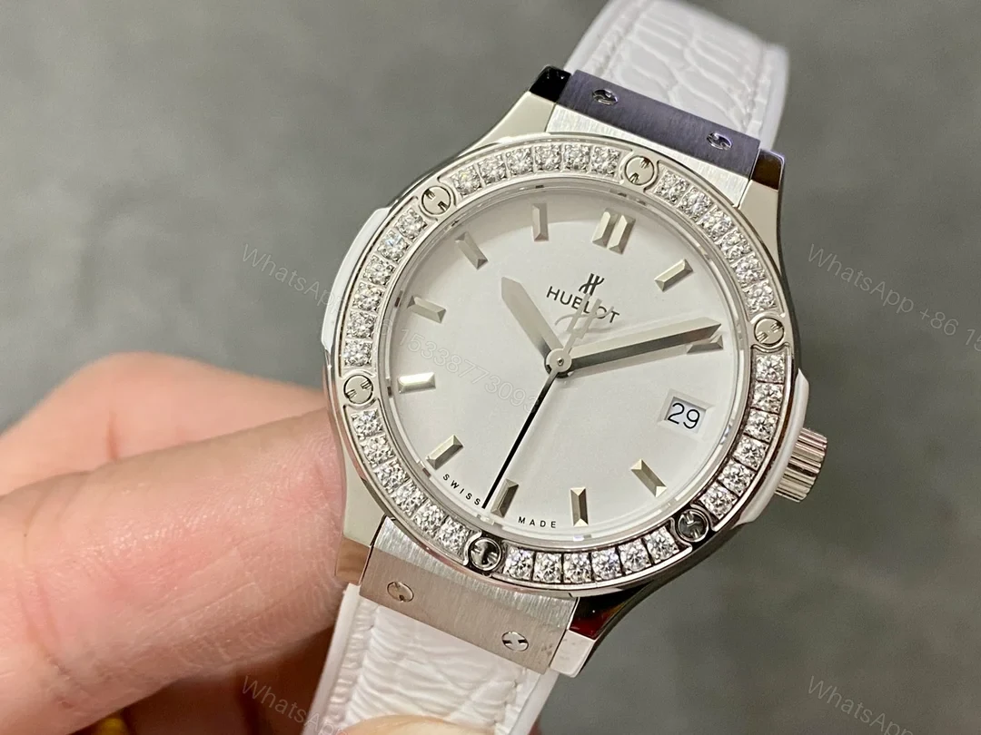 View 3 of Hublot Classic Fusion Ladies Replica 33MM Premium Diamond Bezel White Leather Strap Edition RG-HUBLOT-FUSION-LADIES-33