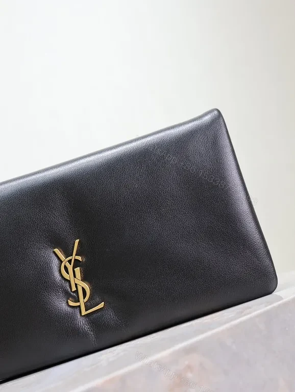 View 8 of Elegant Black Leather Clutch with YSL Gold Emblem - Night-Ready, All-Day Confidence