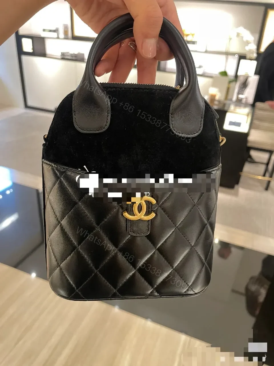 View 11 of Quilted Leather Mini Bag with Velvet Accents, Gold Chain