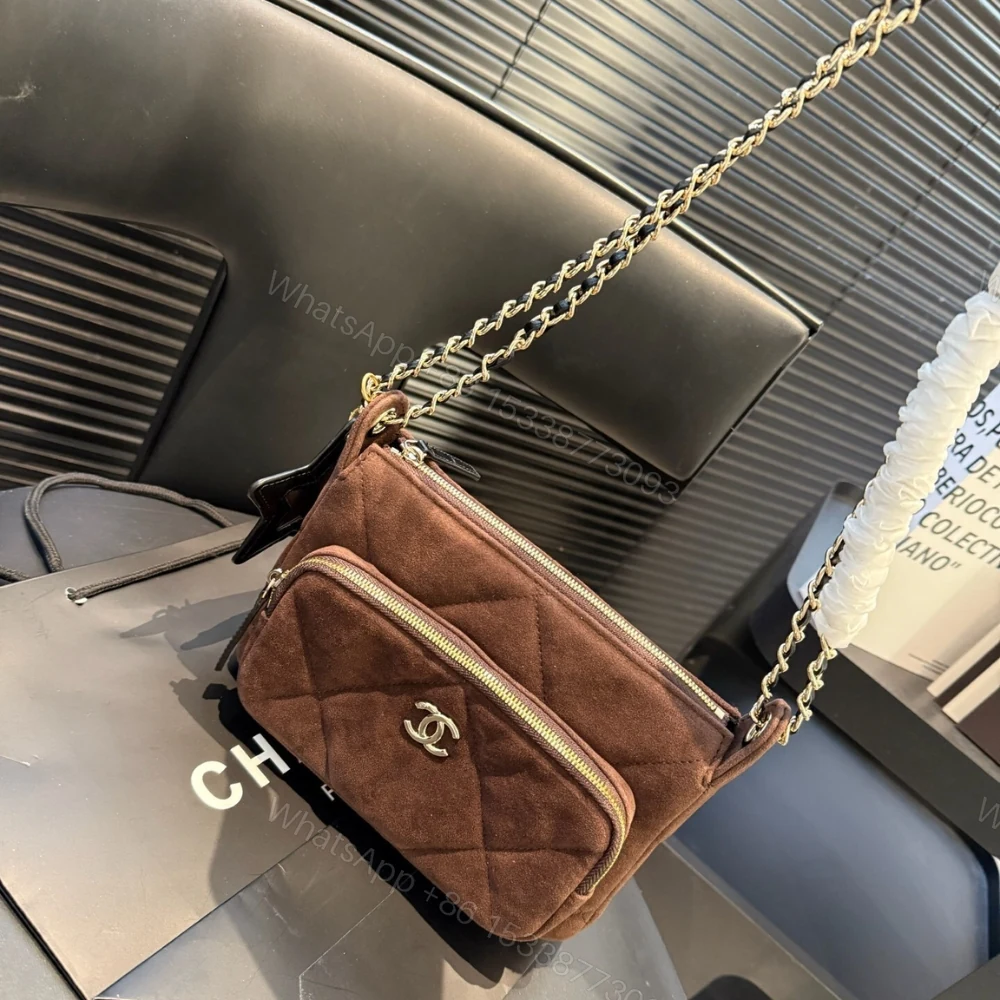 View 4 of Chanel Clutch With Strap Velvet Effect Nylon Glossy Wrinkled And Gold Metallic Brown 20Cm