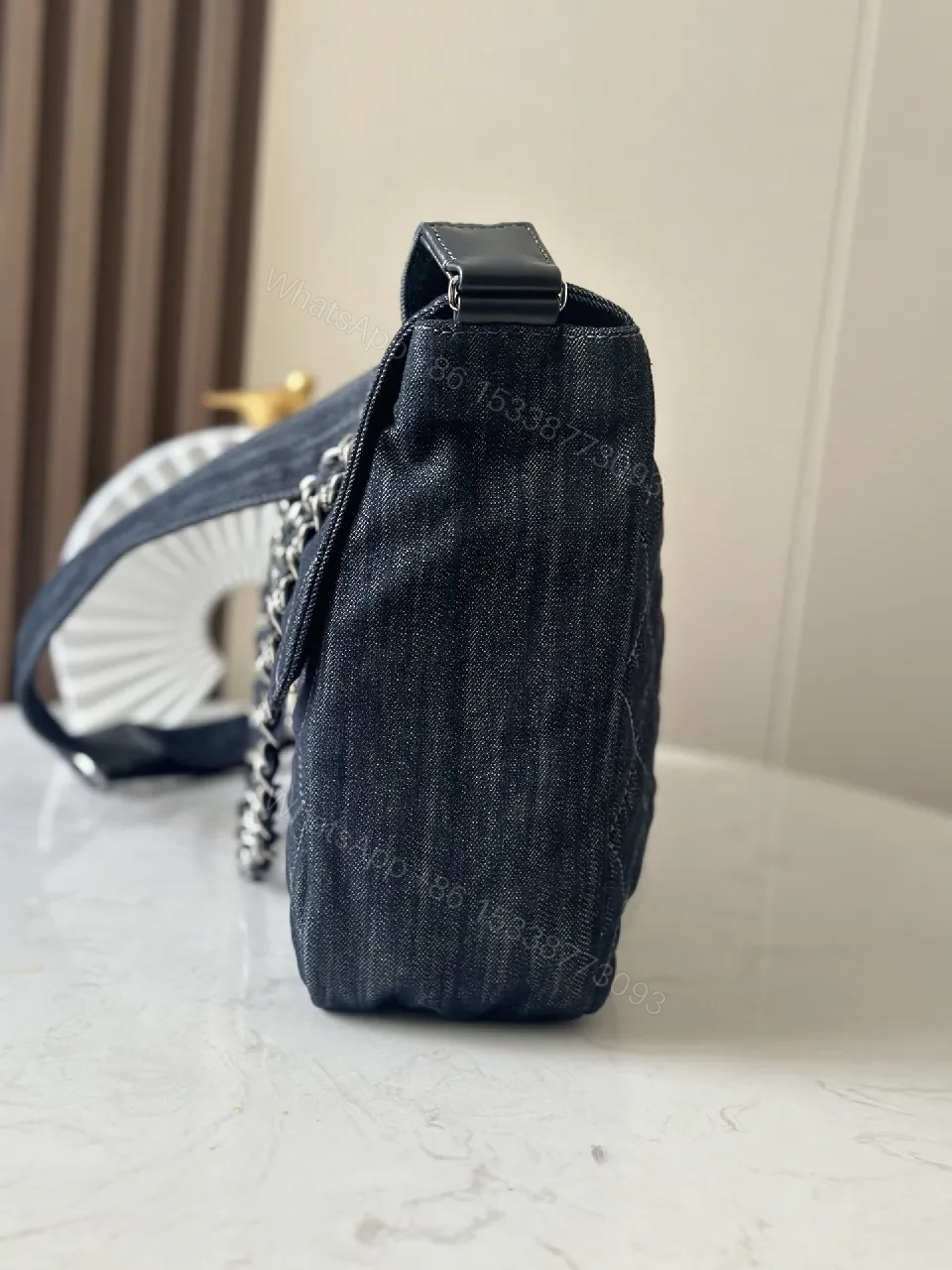 View 4 of Denim-Textured Quilted Bag with Chain-Detail Handle