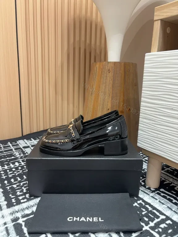 View 3 of Lux Black Patent Loafers with Gold Chain Detailing