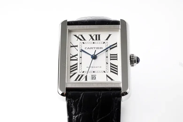 JF Factory Cartier Tank W5200028 Mechanical Watch – Silver Dial with Blue Hands, Black Leather Strap, Rectangular Style — view 1