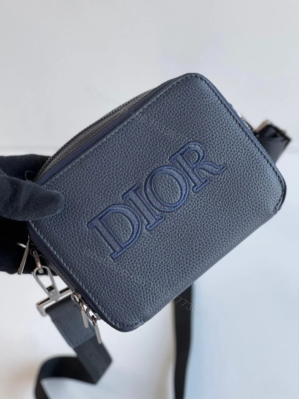 View 2 of DIOR Grained Calfskin Pouch Navy Blue with dual compartments