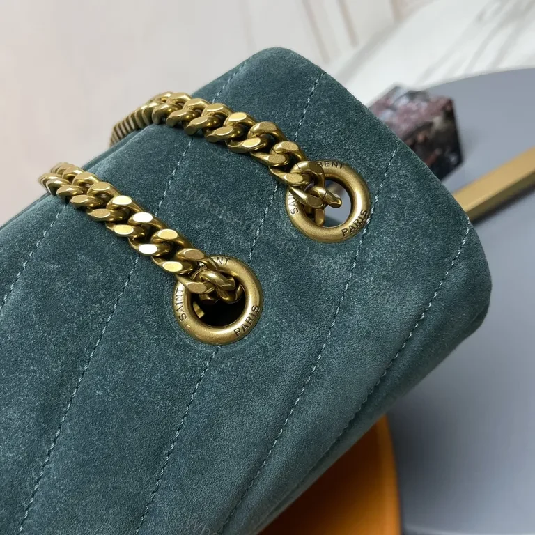 View 9 of Chic Teal Suede Quilted Shoulder Bag with Gold Monogram