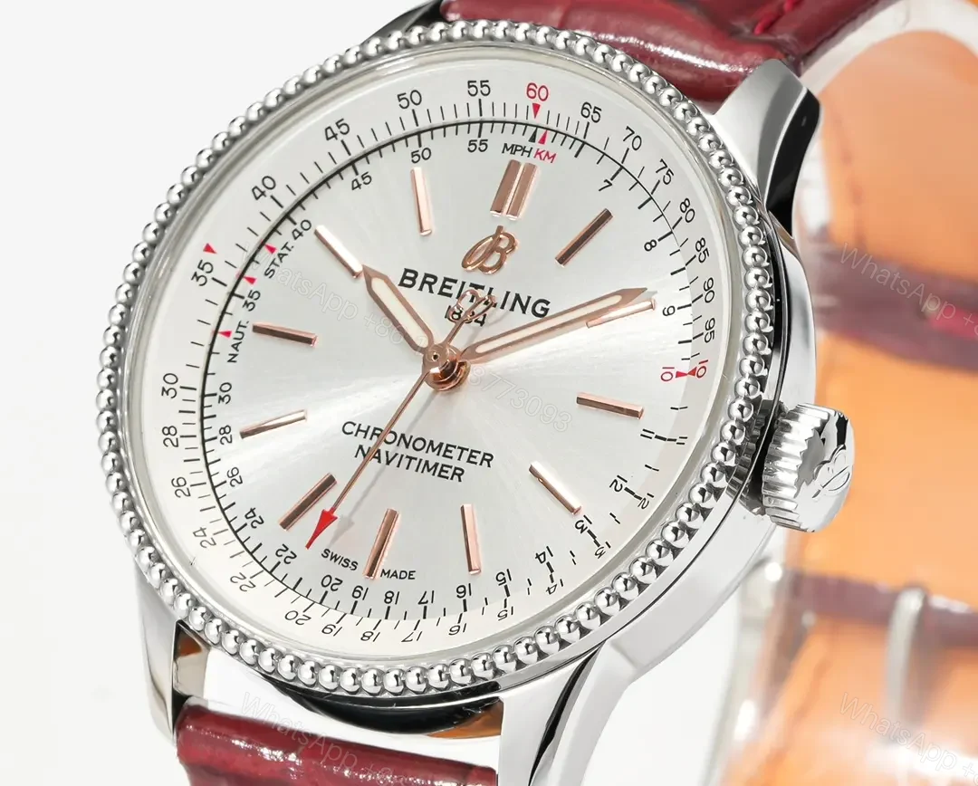 View 4 of GF Factory Breitling Women’s Navitimer Automatic Watch – Silver Dial with Red Leather Strap