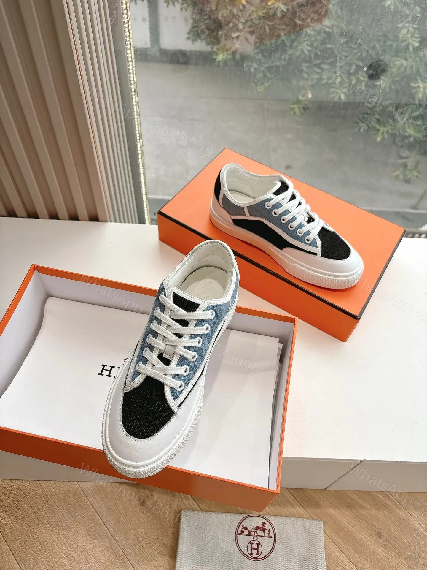View 3 of Hermes Women Black Blue Canvas And Leather Sneakers