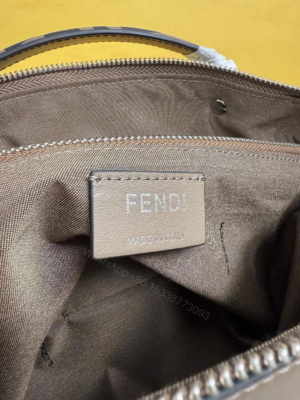 View 7 of Taupe-Gray Leather Handbag: Structured, Fendi Roma Logo Details