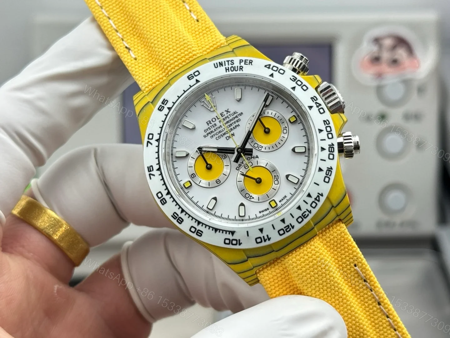 View 2 of Rolex Daytona Yellow Carbon Fiber Replica 40MM Premium White Dial Yellow Fabric Strap RG-DAYTONA-YELLOW-CF-40