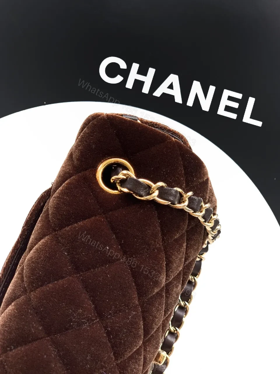 View 7 of Velvet Quilted Crossbody Bag: Gold Logo Flair