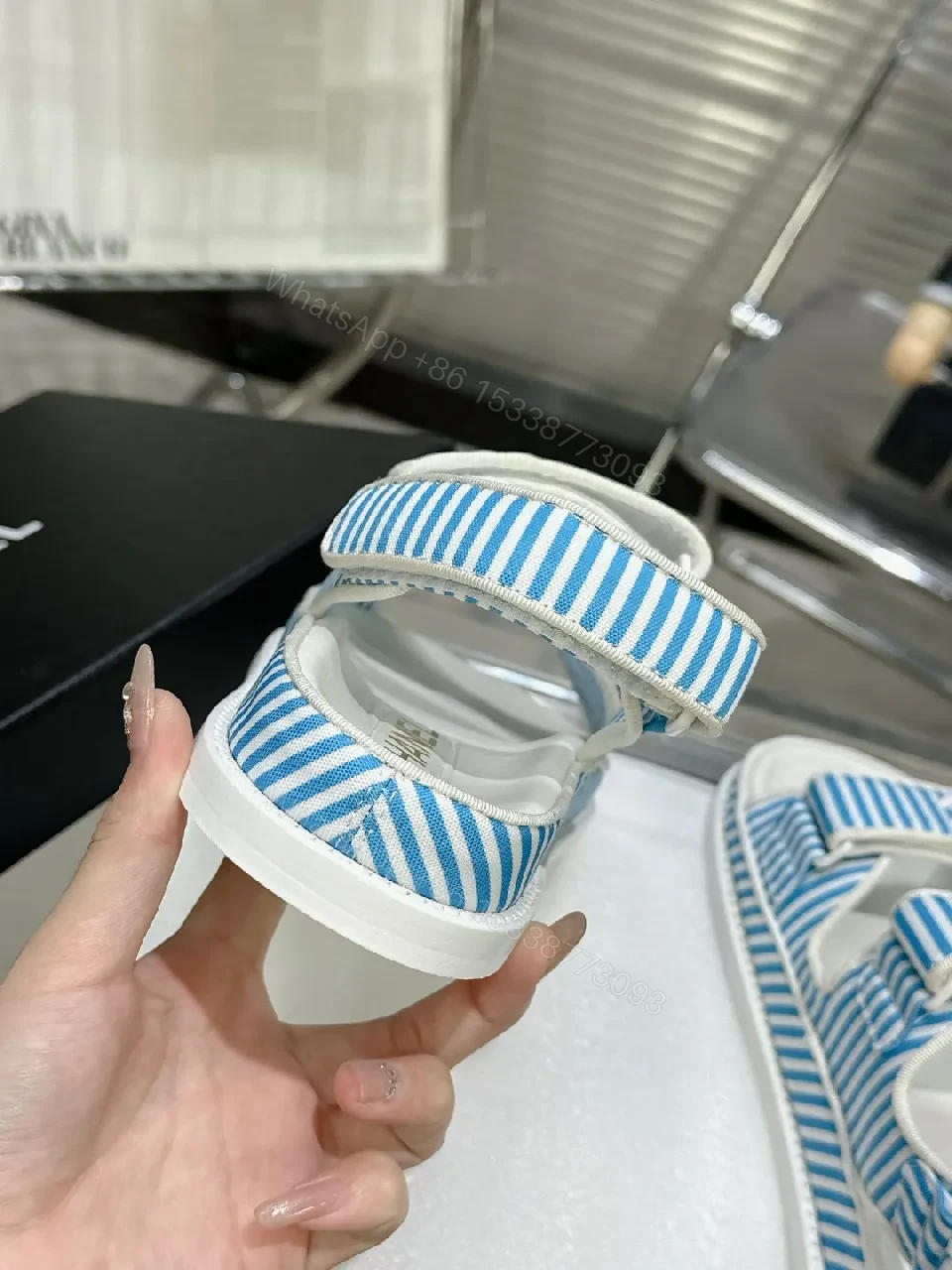 View 9 of Blue Striped Velcro Sandals - Luxe Casual Footwear