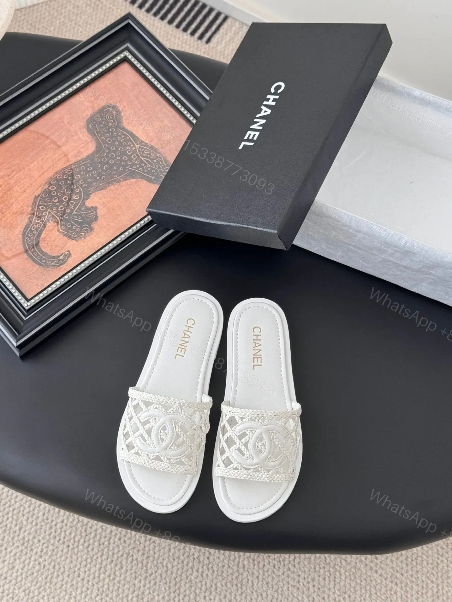 Chanel Women White Woven Leather Slides — view 1