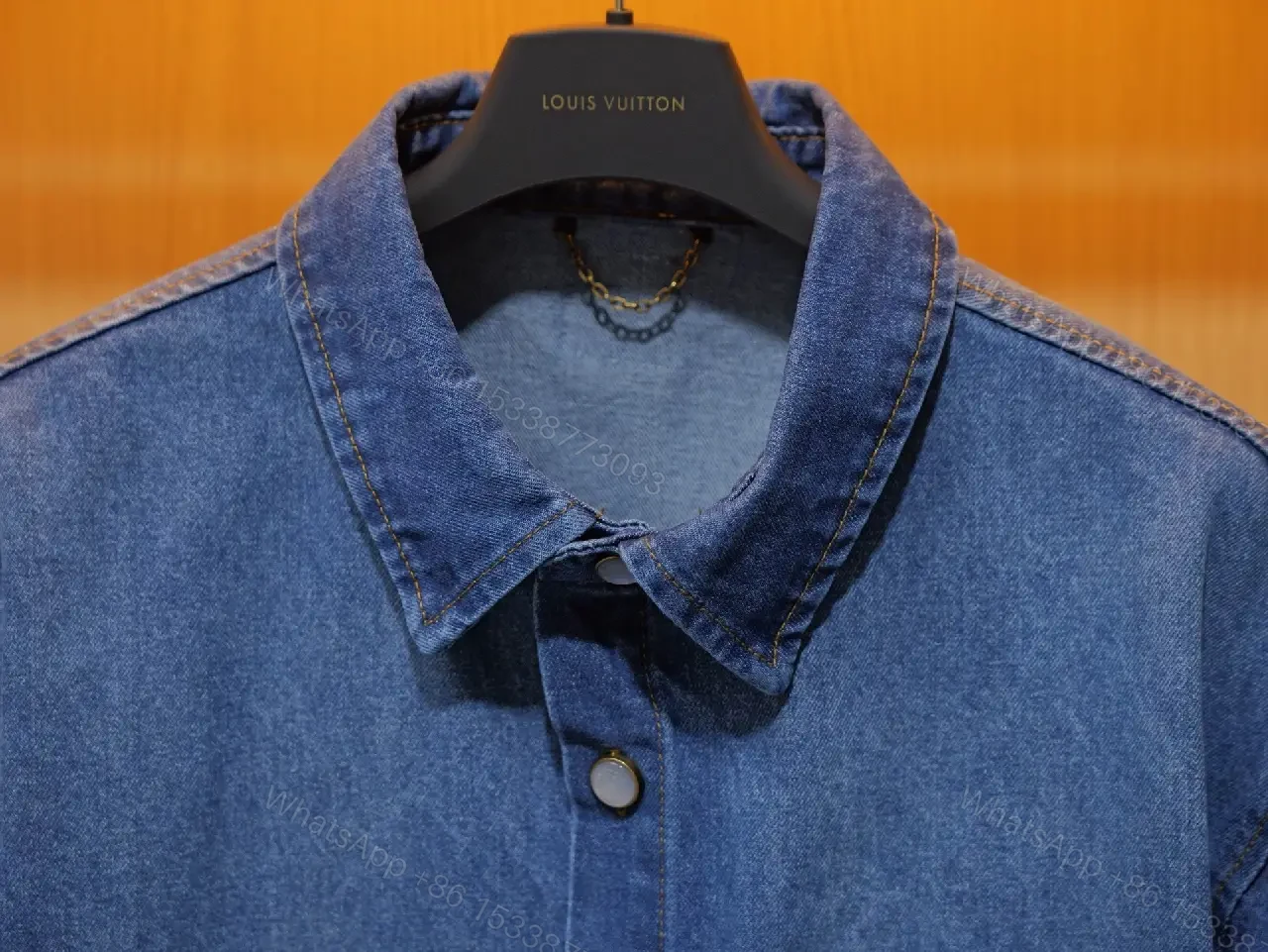View 4 of Blue Denim Shirt Short Sleeves with Pocket Front Button-Up
