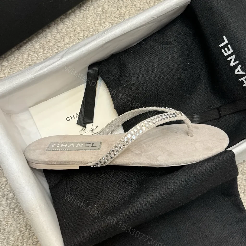 View 4 of Sand Beige Crystal-Embellished Chanel-Style Flip-Flops - All-Day Glam