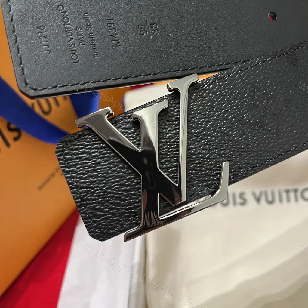 View 7 of Black Leather Belt - Pebbled Texture with Large Silver LV Buckle