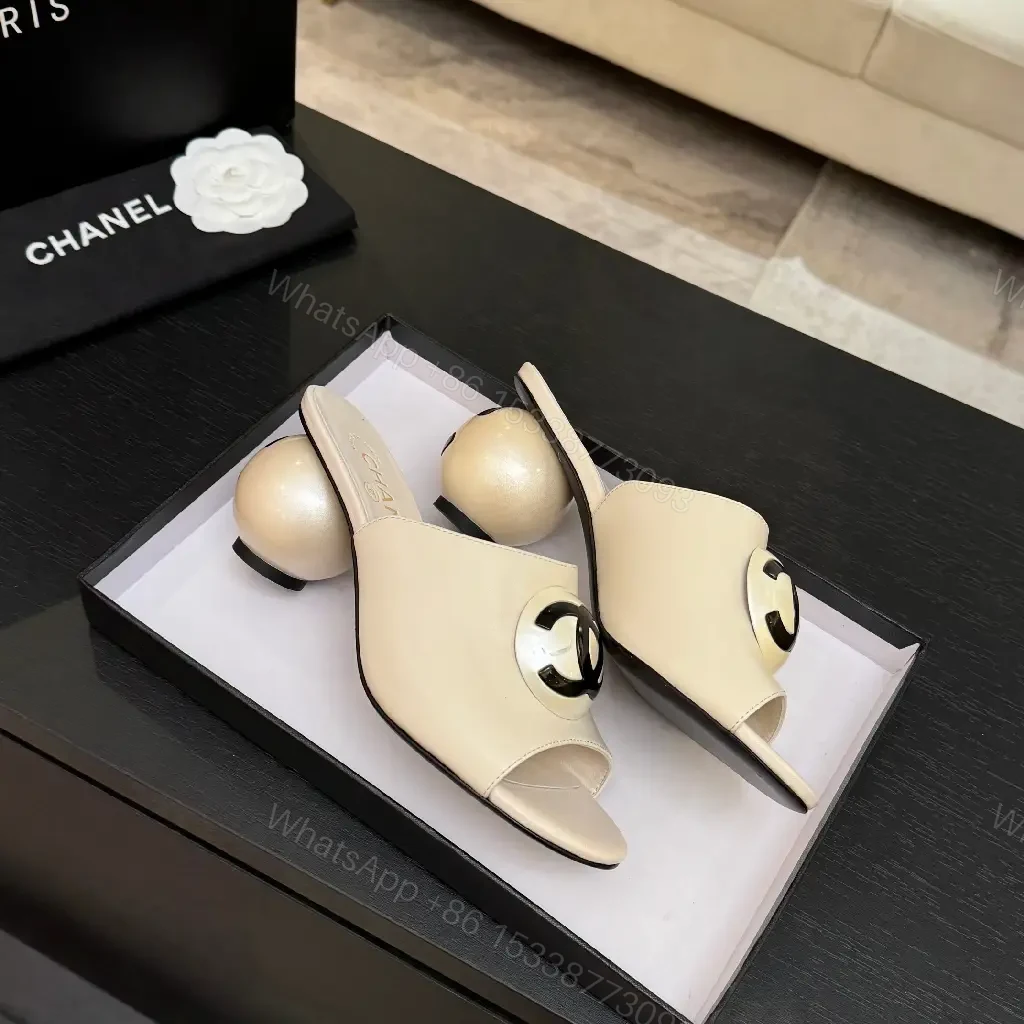 View 7 of Ivory Leather Block-Heel Slides with Interlocking Hardware