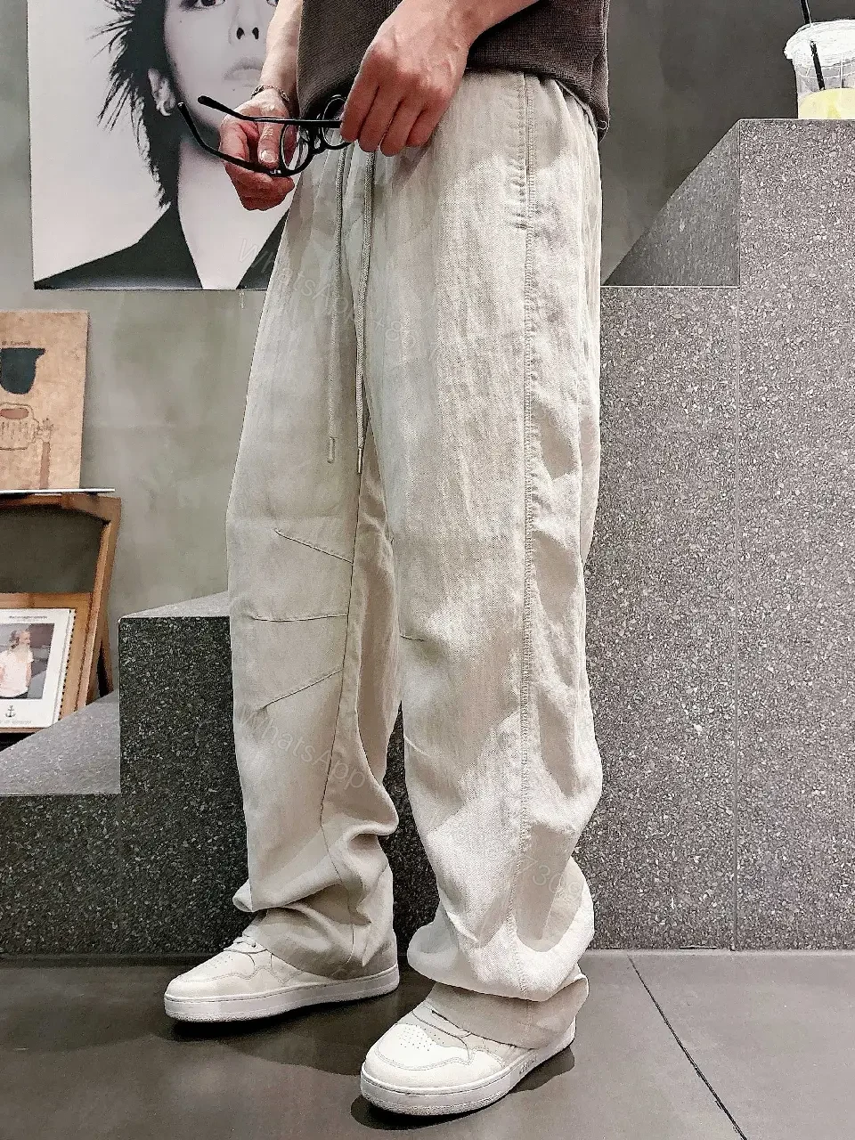 View 2 of Light Beige/Off-White Cargo Pants with Drawstring Waist, Relaxed Fit