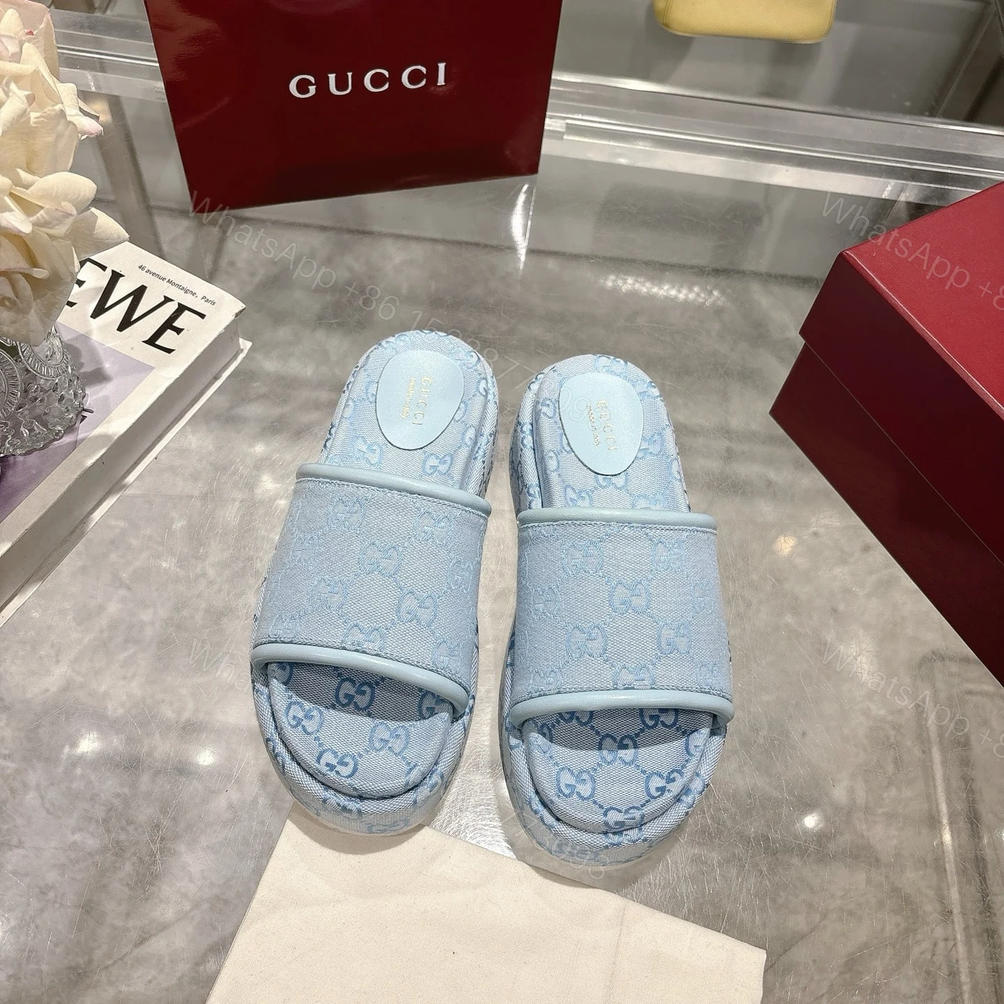 View 3 of GUCCI WOMEN’S GG PLATFORM SANDAL LIGHT BLUE ‎816797 FAD9D 4952