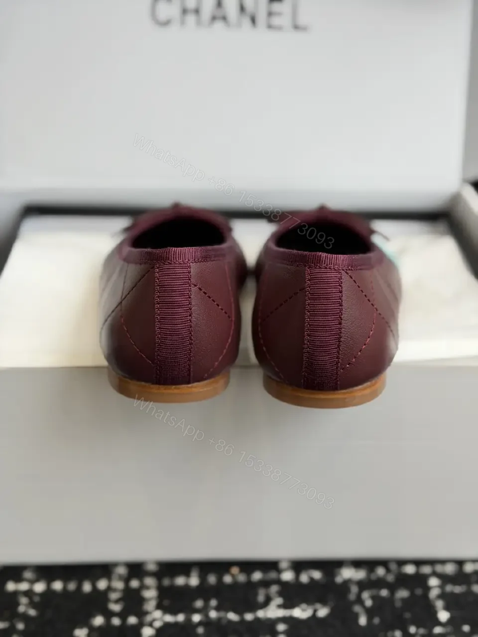 View 2 of Burgundy Leather Ballet Flats with Aqua Chanel Logo Details