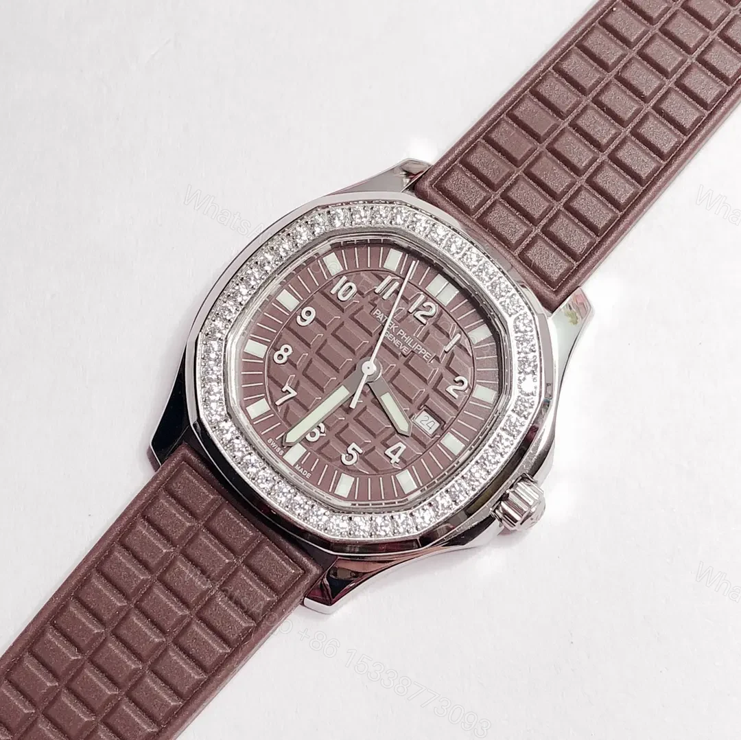View 2 of Patek Philippe Aquanaut Series Rose Gold Mechanical Women’s Watch with Swarovski Crystals and Brown Rubber Strap