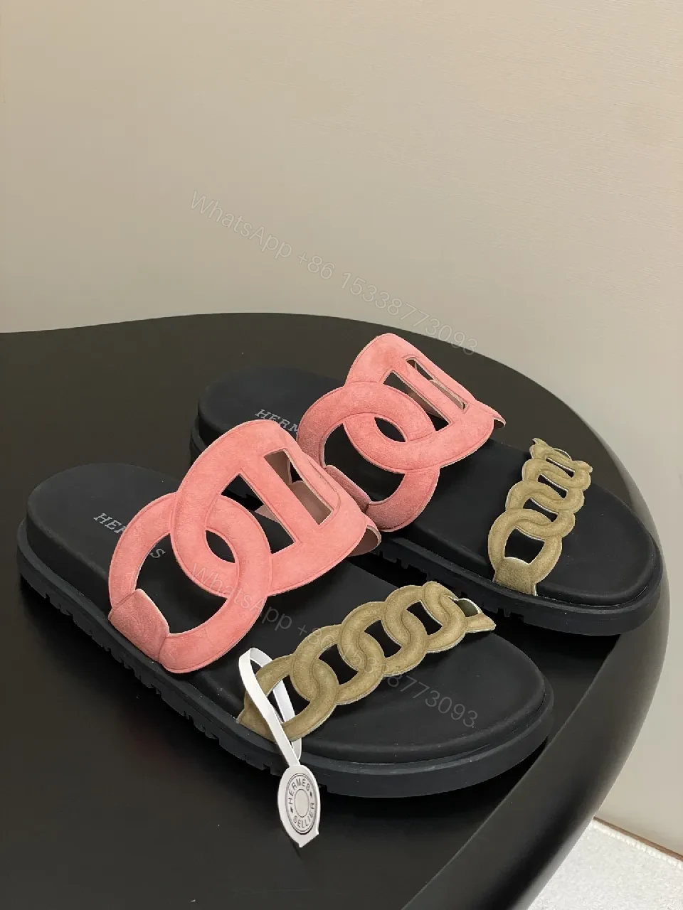 View 8 of Soft-Statement Sandals with Chain Straps: Pink & Beige Suede Style