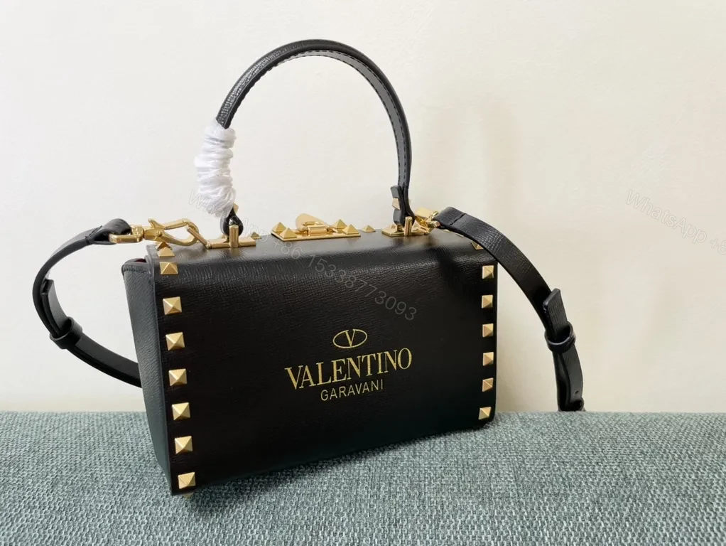 Bold Black Leather Handbag with Gold Studs - Valentino Style Bag — view 1