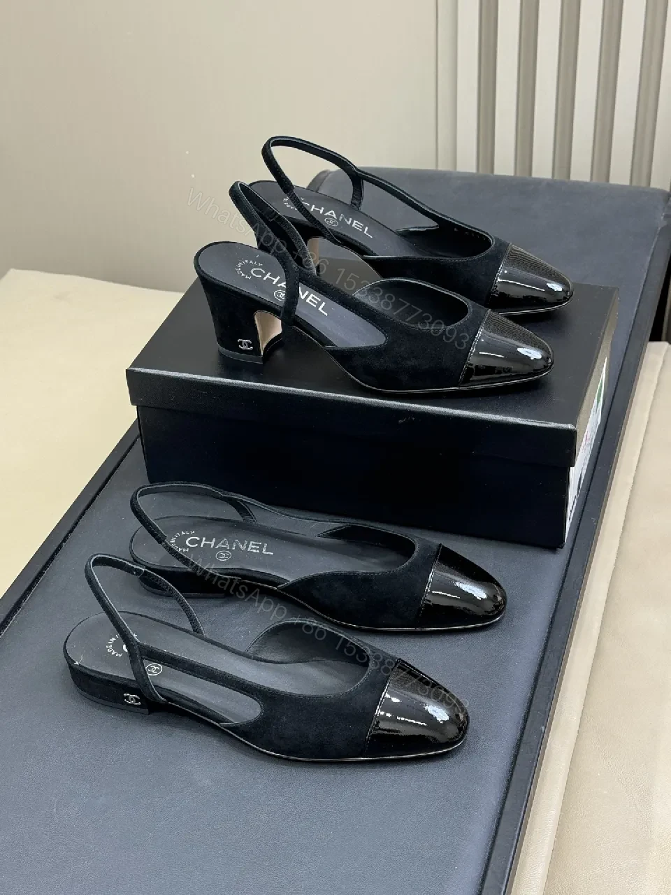 View 7 of Black Satin Slingback Heels with Patent Toe – Modern Luxe Comfort