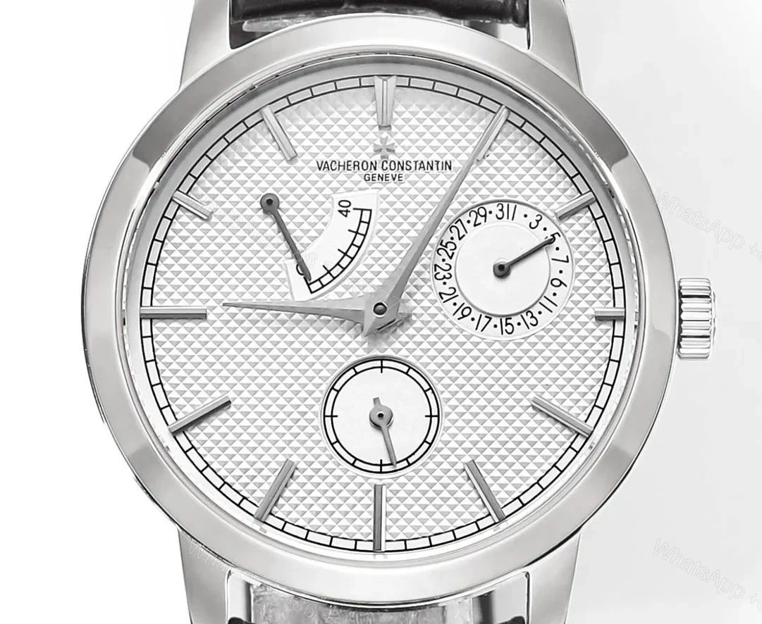 View 3 of GS Factory Vacheron Constantin Traditionnelle Mechanical Watch 83520/000R-9909 – Silver Dial, Black Leather Strap, 40mm Case, Power Reserve, Date, and Day Display