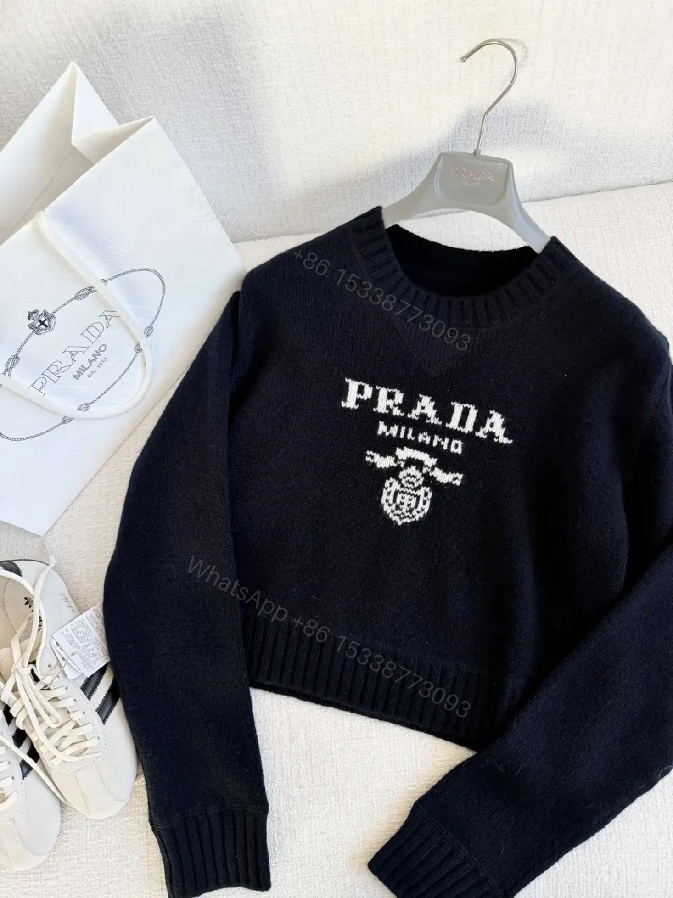 Black Knit Logo Crest Luxe Sweater, Relaxed Fit, Premium Knit — view 1