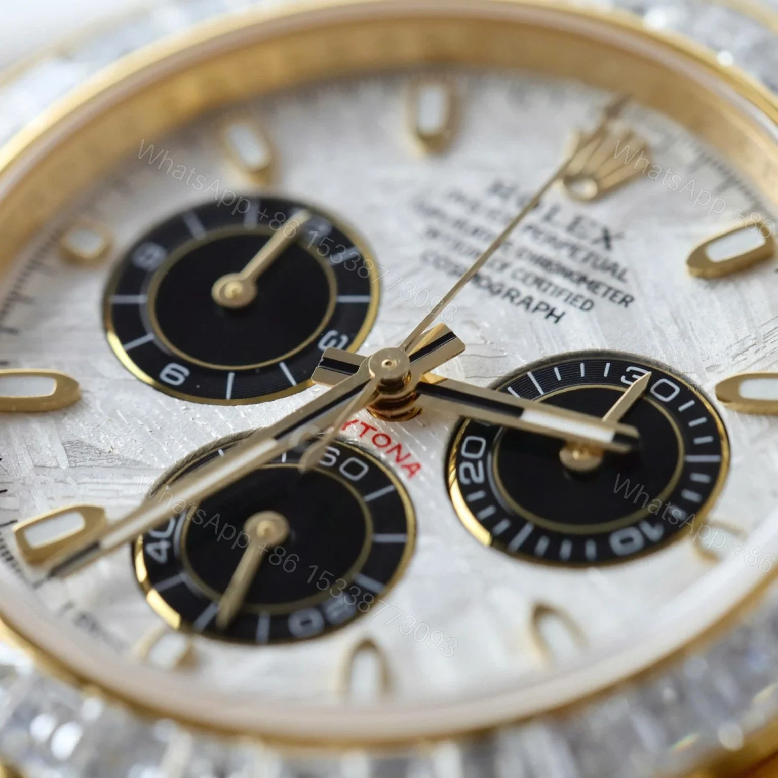 View 4 of Replica Rolex Cosmograph Daytona Meteorite Dial Gold Moissanite Baguette 40mm