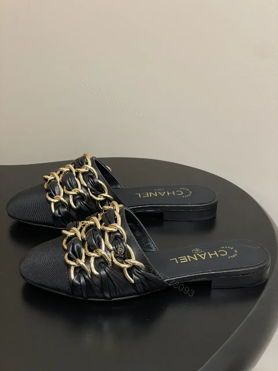 View 6 of Black Satin Mules with Gold Chain Detail - Opulent Everyday Style