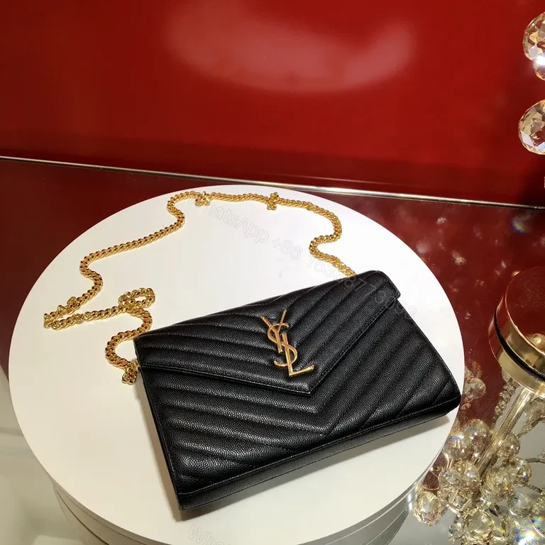 View 4 of Black Leather Chevron Clutch with Gold YSL Emblem - Luxury Evening Bag