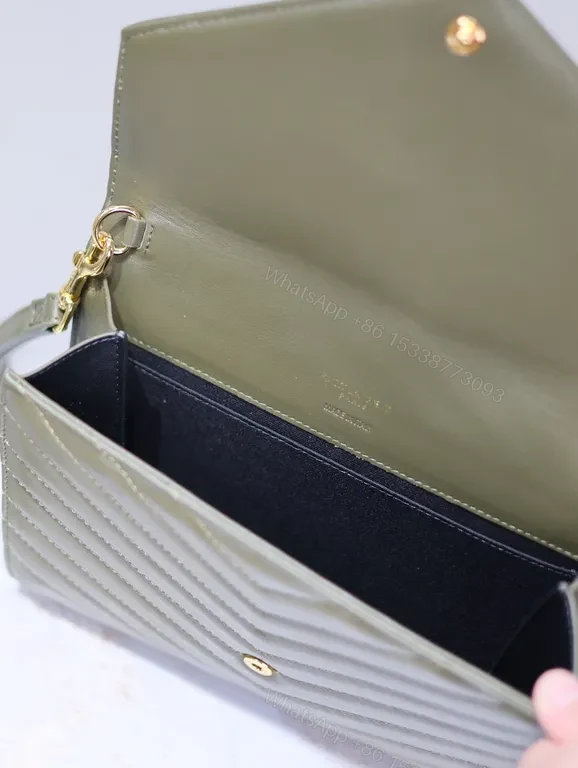 View 2 of Structured Quilted Wallet on Chain - Matte Olive, Gold Hardware