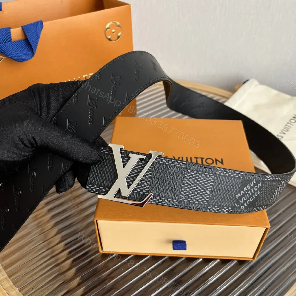 View 6 of Black & Gray Belt with LV Buckle - Modern Geometric Monogram Strap