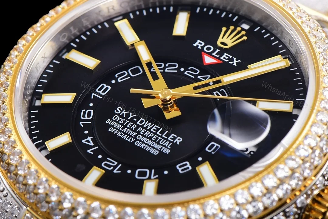 View 3 of Rolex Sky-Dweller Full Diamond Replica 42MM Exclusive Black Dial Two-Tone Bracelet RG-ROLEX-SKYDWELLER-DIAMOND-42