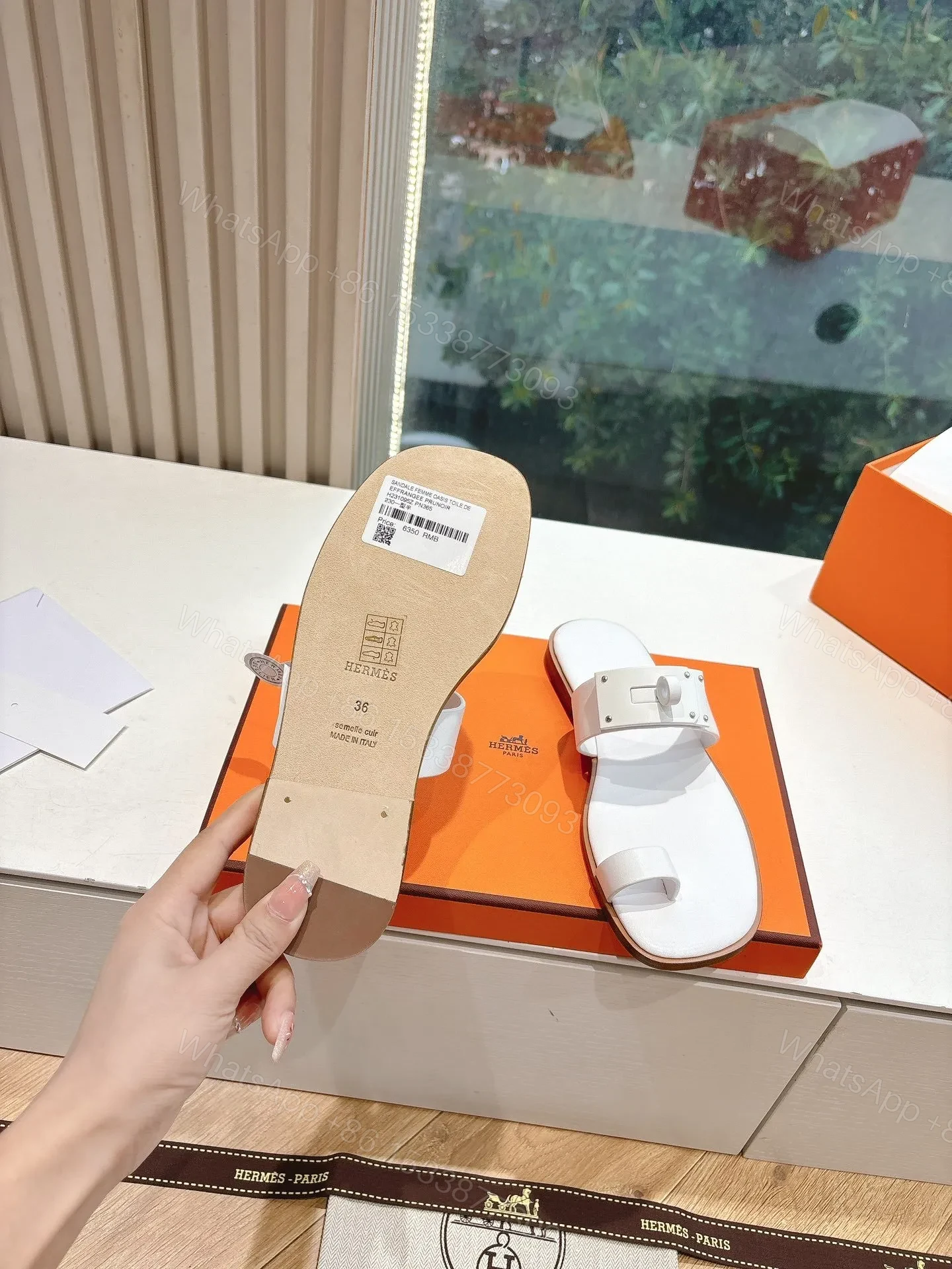 View 2 of Hermes Women White Leather Flat Sandals