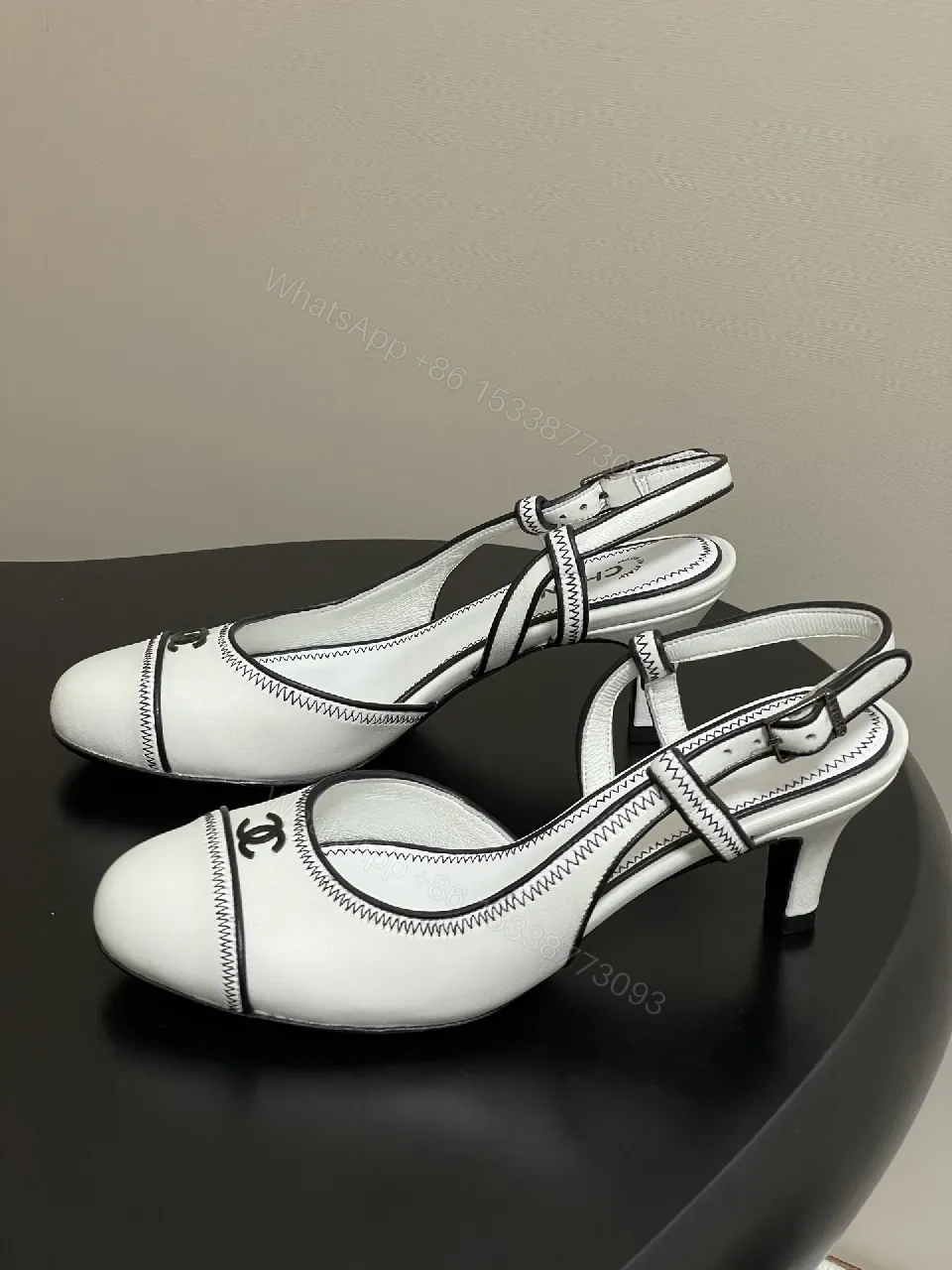 View 2 of White Leather Slingback Pumps with Contrast Stitching