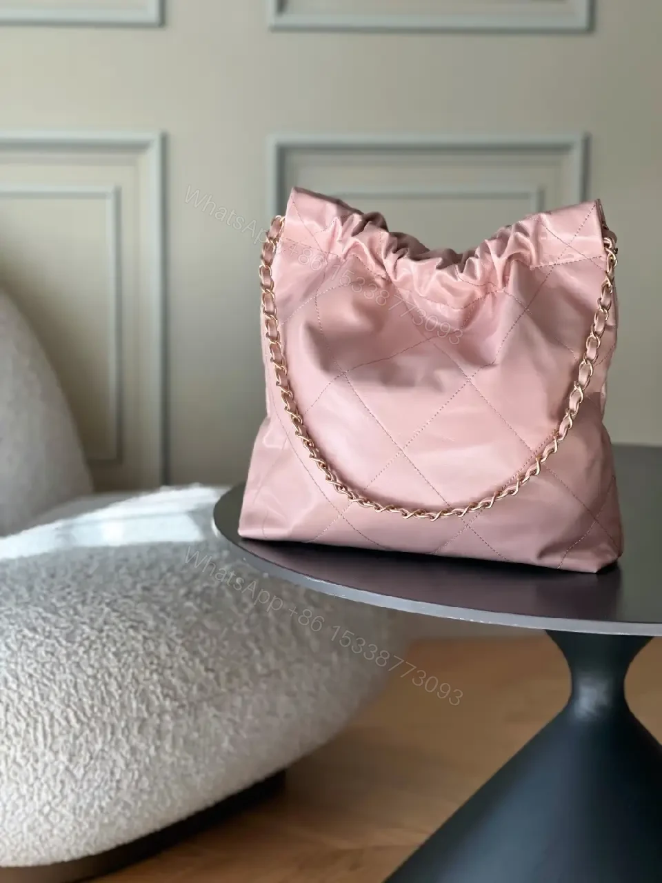 View 5 of Pink Quilted Mini Tote with Chain Detail Bag