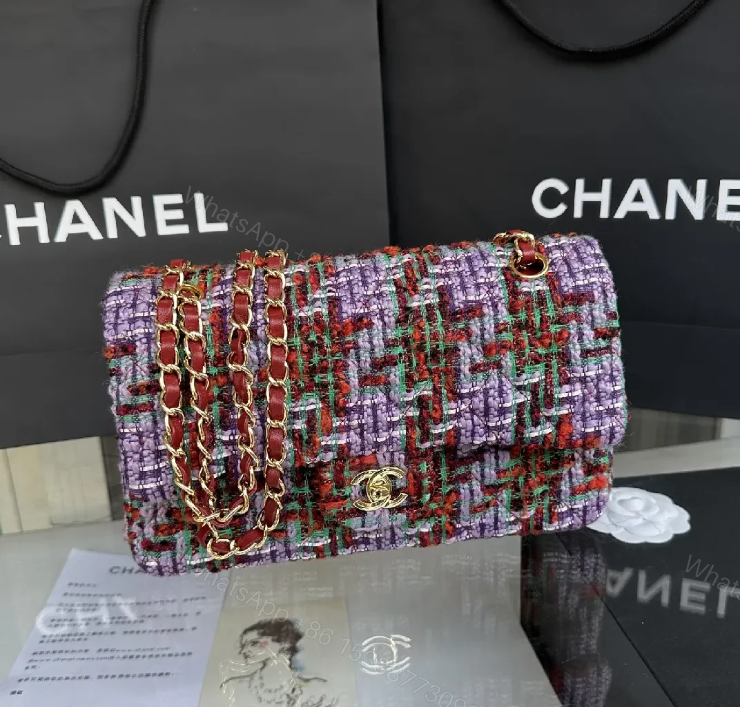View 5 of Chic Textured Tweed Shoulder Bag with Gold Charm