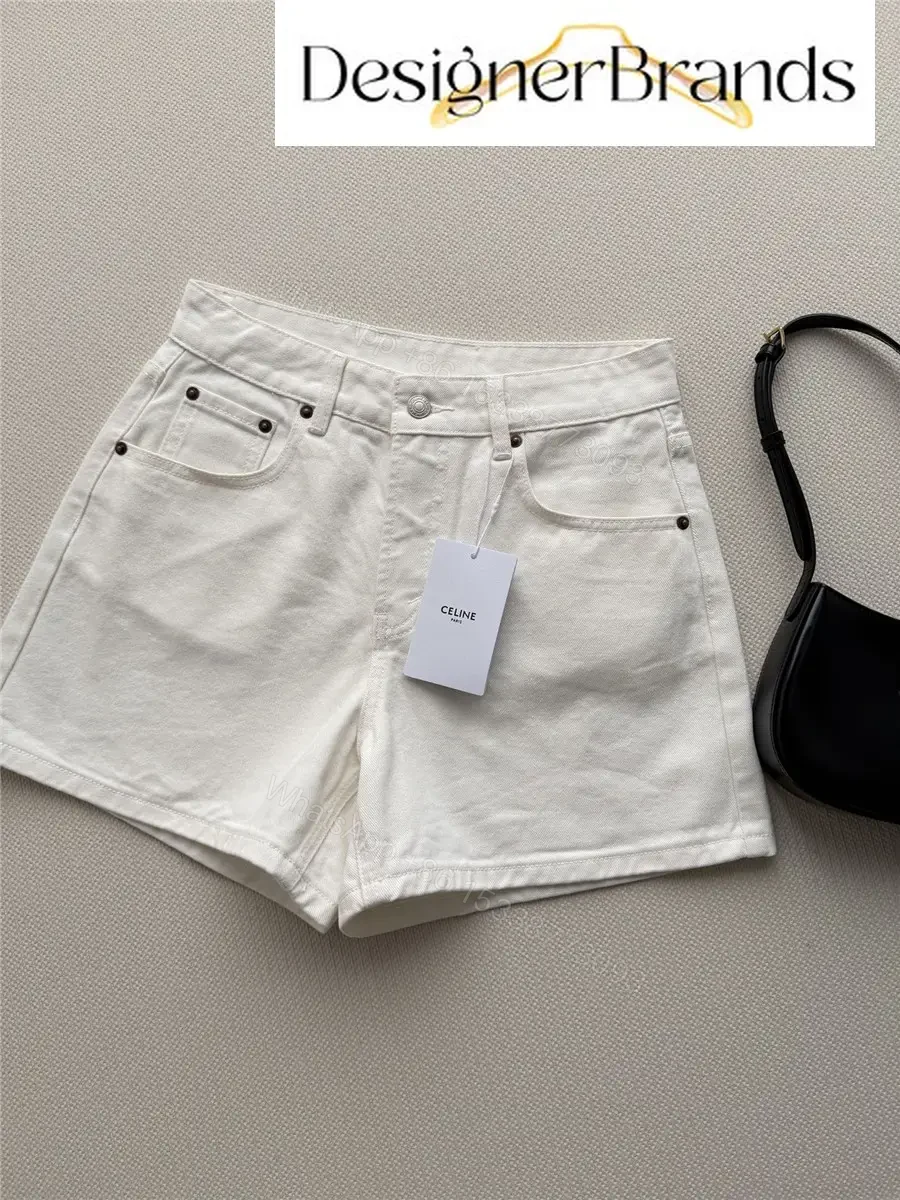View 3 of CELINE White High-Waisted Cotton Denim Shorts
